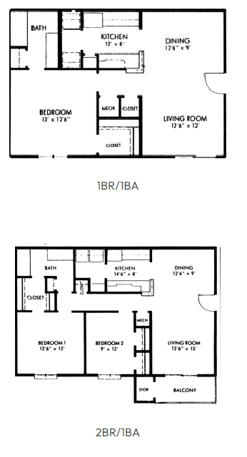 Floor plan for 2 beds, 1 bath